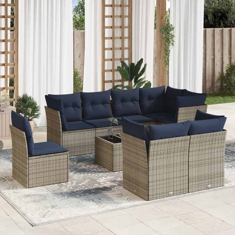 vidaXL 8/9 Piece Patio Sofa Set with Cushions Brown/Gray Poly Rattan - 21.7 x 24.4 x 27.2 - Beige and gray With table