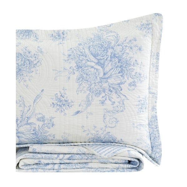 Toile and Bamboo Stripes Reversible Cotton Quilt Set - Light Blue - King - Cal King