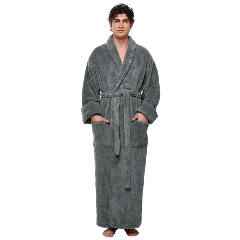 Men's Shawl Collar Premium Fleece with Full Ankle Length Bathrobe - XXL Ankle Length - Dark Gray