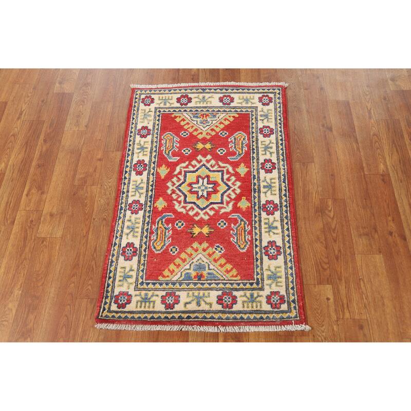 Hand Knotted Oriental 100% Wool Carpet Traditional Geometric Red Kazak Area Rug - 3' 0'' X 2' 0''
