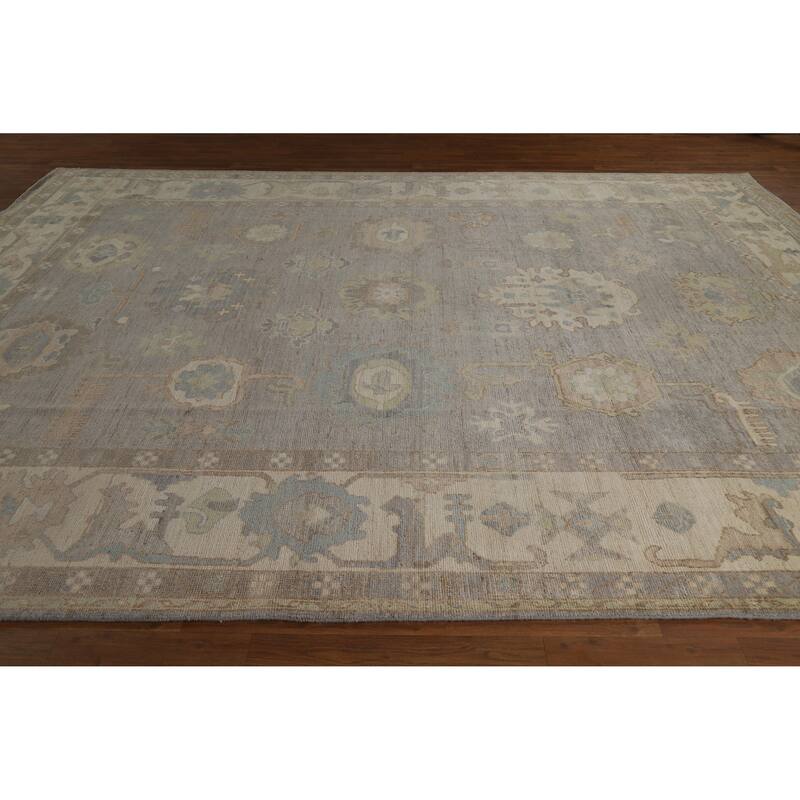 Hand Knotted Oriental 100% Wool Carpet Transitional All-Over Greys & Charcoal Oushak Area Rug - 12' 4'' X 9' 2''