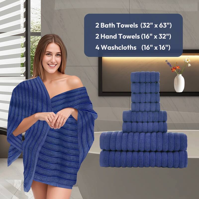 8 Piece Oversized Bath Towel Set, 100% Cotton Bath Towels, Highly Absorbant Bordered Towels
