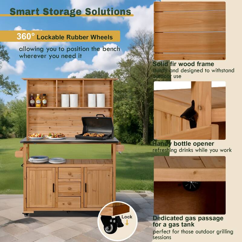 65" Outdoor Potting Bench with Stainless Steel Top, Rolling Garden Workstation with Hutch & Storage