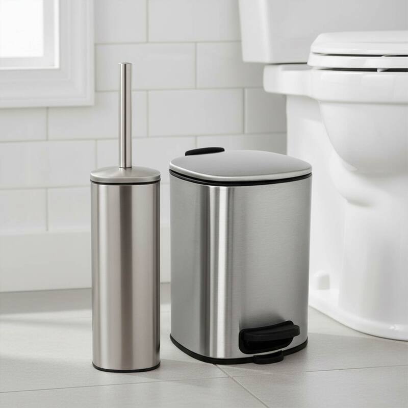 Square Metal Toilet Brush and Holder with Sturdy Handle Splash Guard - 3.12"L x 3.12"W x 15.8"H