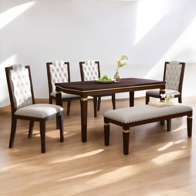 6-Piece Solid Wood Dining Table Set with Upholstered Bench & Chairs, Classic Modern Dining Room Set for Kitchen, Living Room - Espresso