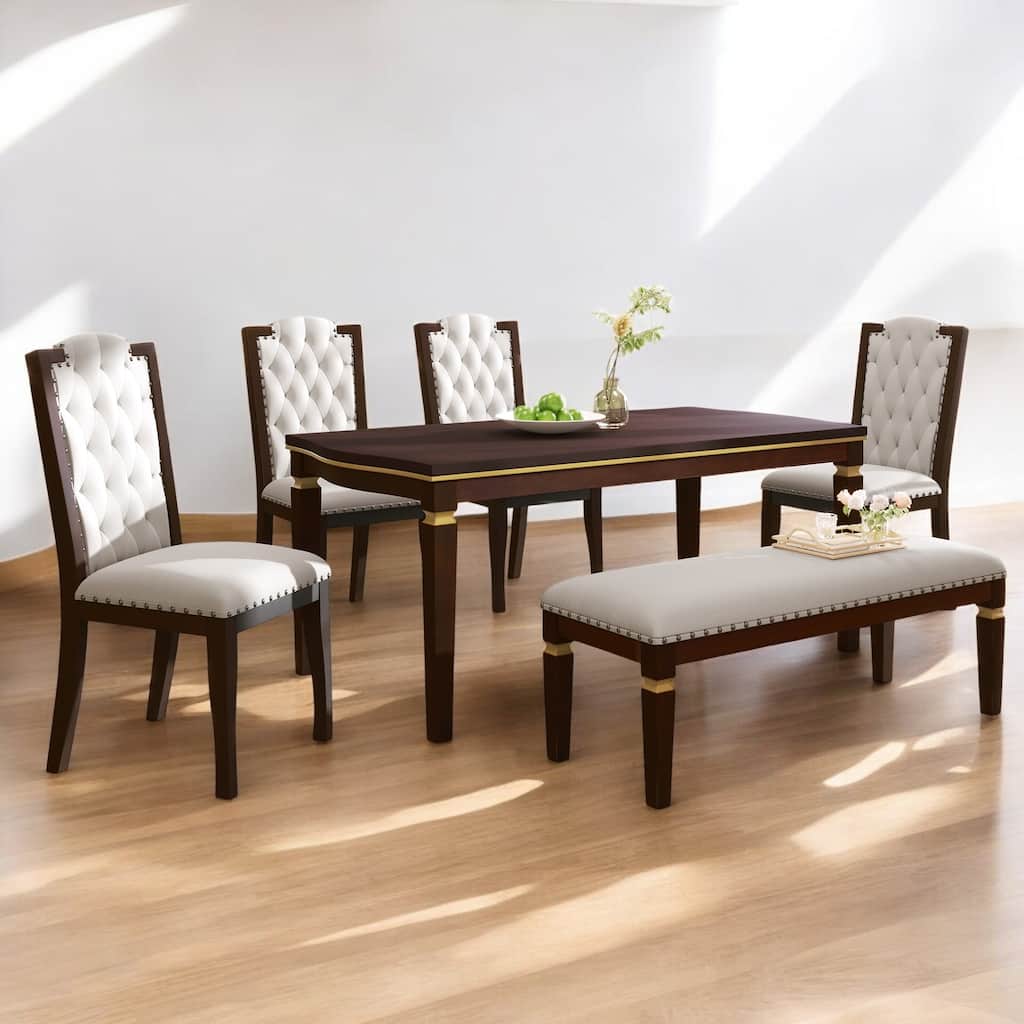 6-Piece Solid Wood Dining Table Set with Upholstered Bench & Chairs, Classic Modern Dining Room Set for Kitchen, Living Room