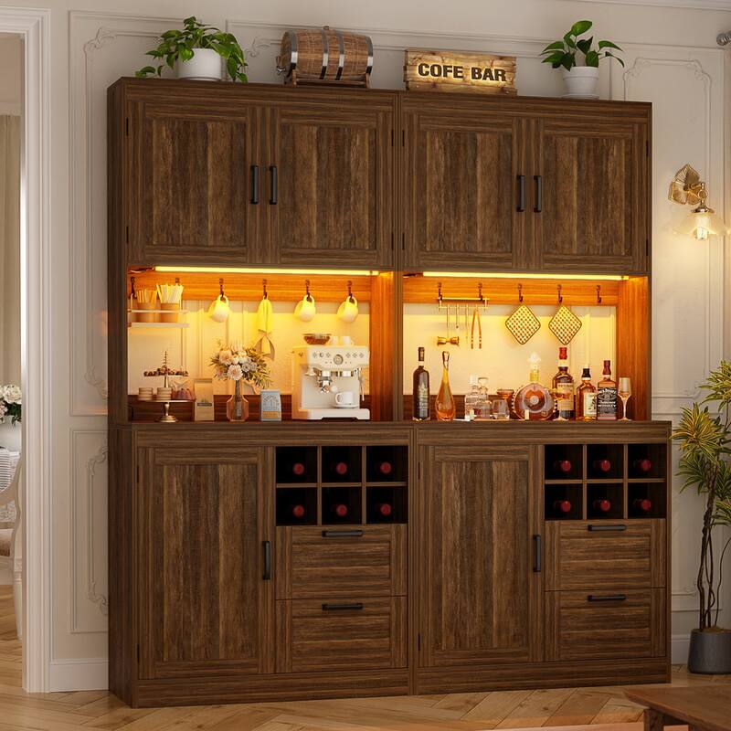 Farmhouse 72" Tall Kitchen Pantry Cabinet with Charging Station, Coffee Bar Cabinet with Hutch and LED Light - 63-In - Brown
