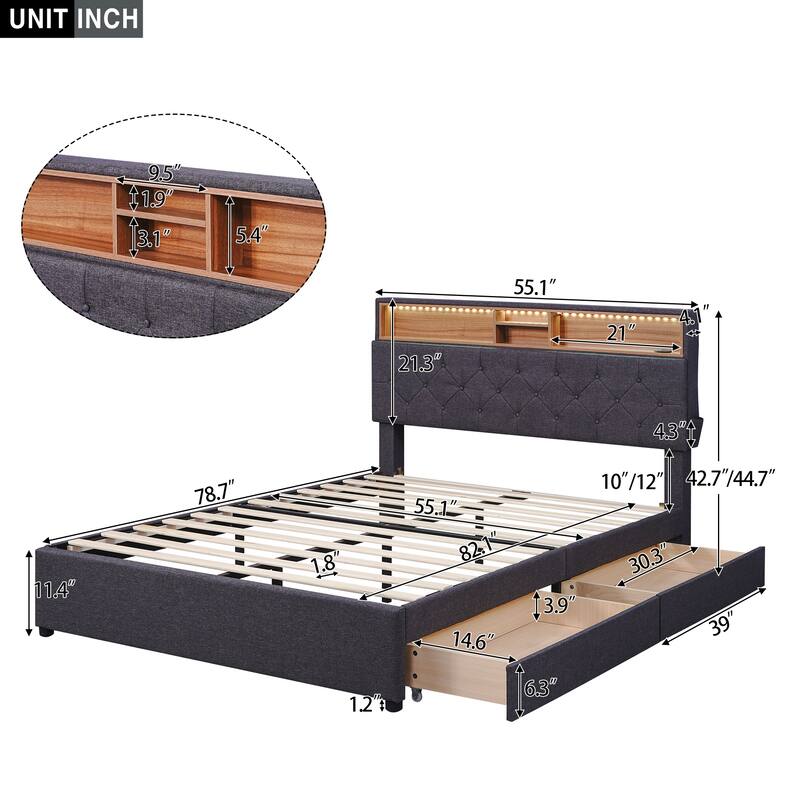 Full Size Upholstered Platform Bed with Storage Headboard, LED, USB