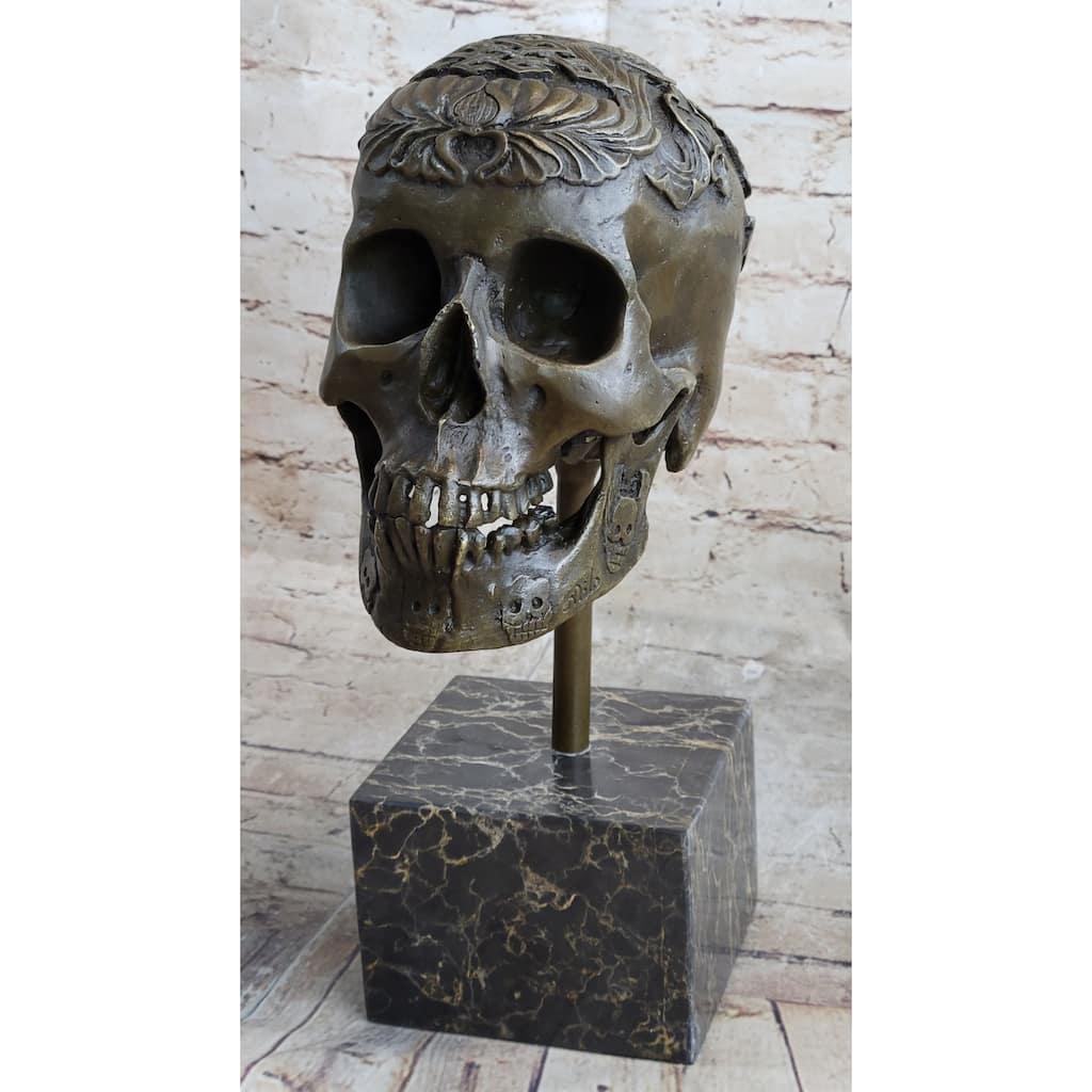Dios De Los Muertes Day Of The Dead Decorative Bronze Metal Skull Sculpture Statue Marble Base 14 Inches X 10 Inches