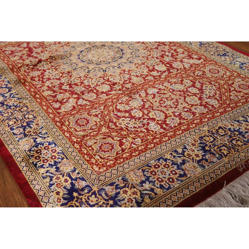 Hand Knotted Oriental Silk Carpet Traditional Floral Red Qum Area Rug - 4' 10'' X 3' 3''