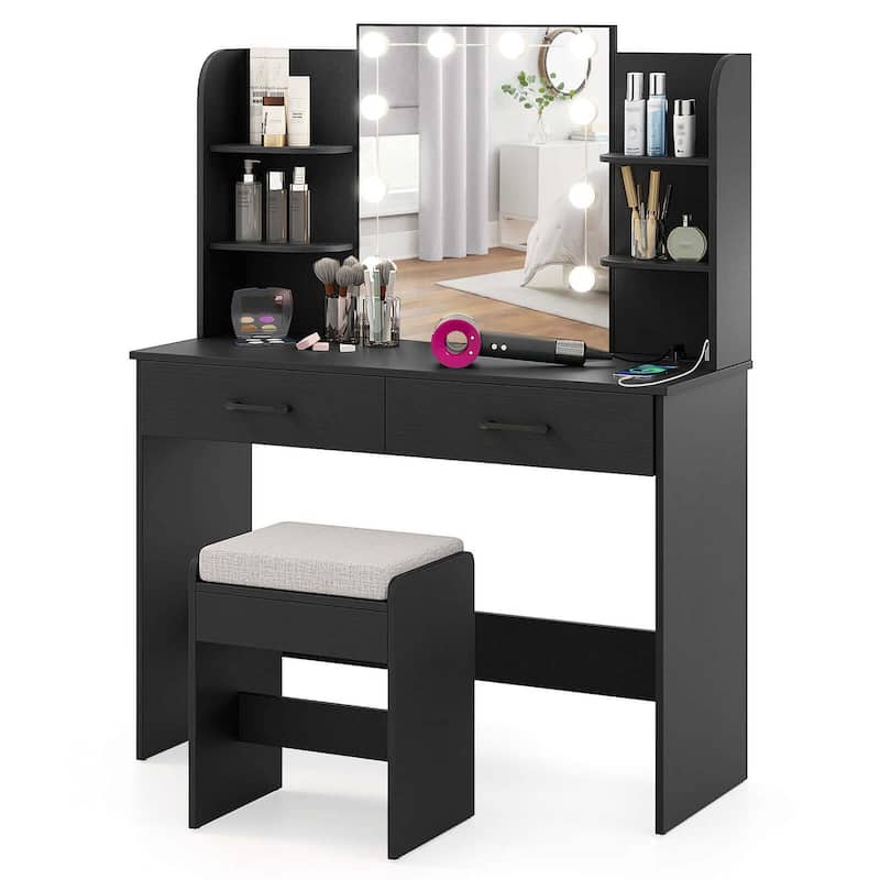 Makeup Vanity Desk Dressing Table & Stool Set w/ Lighted Mirror - Black