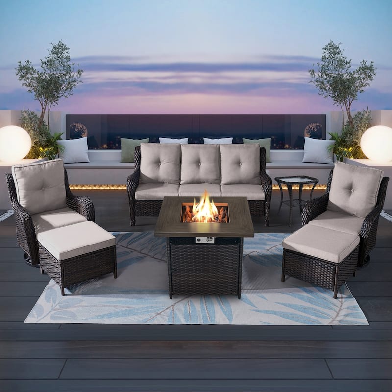 Pocassy 7PCS Outdoor Sofa Swivel Chairs with Fire Pit Table - Brown - Biege