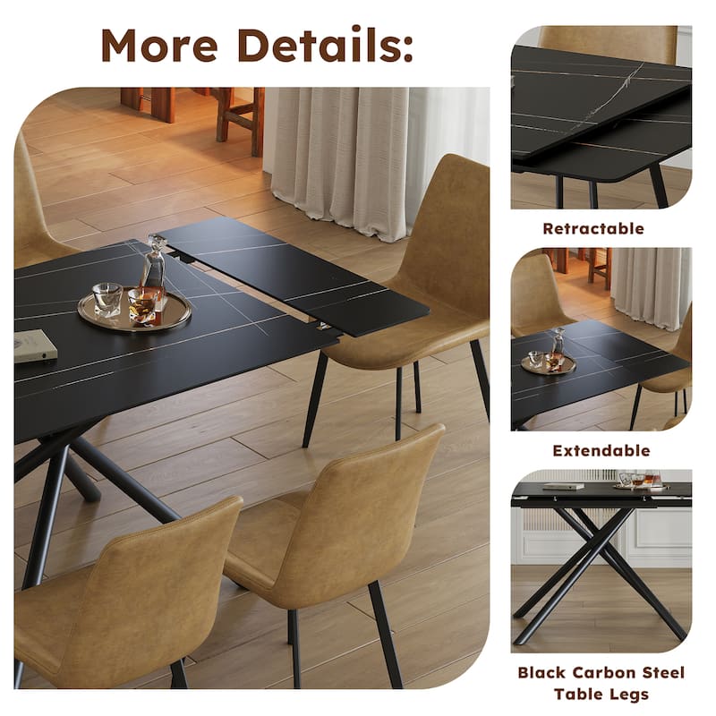 Retractable Sintered Stone Dining Table Set,with steel legs and a cross-leg structure at the bottom(Table + 4 Chairs)