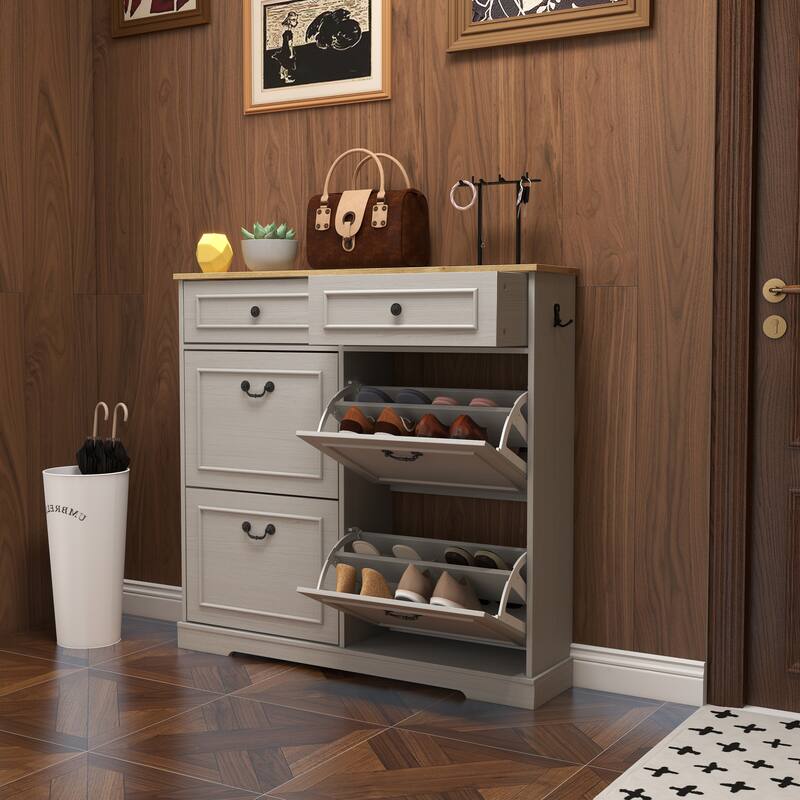 Anmytek Antique White Slim Shoe Storage Cabinet - 2 Drawers & 4 Flip Drawers