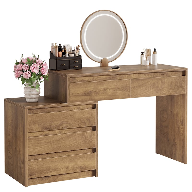 63" Vanity Desk with 5 Drawers, Makeup Table with Removable 3-Drawer Chest
