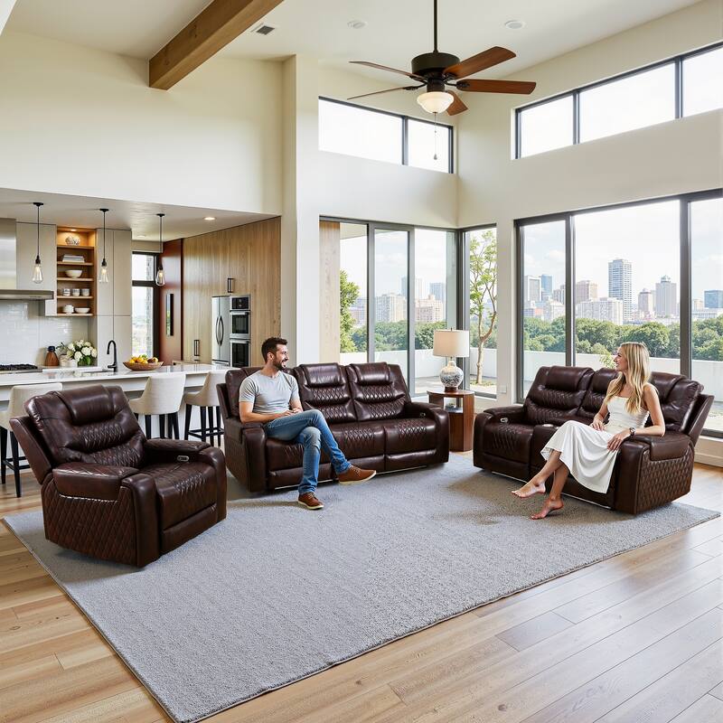 Breathing Leather 3-Piece Living Room Couch Recliner Sofa Set