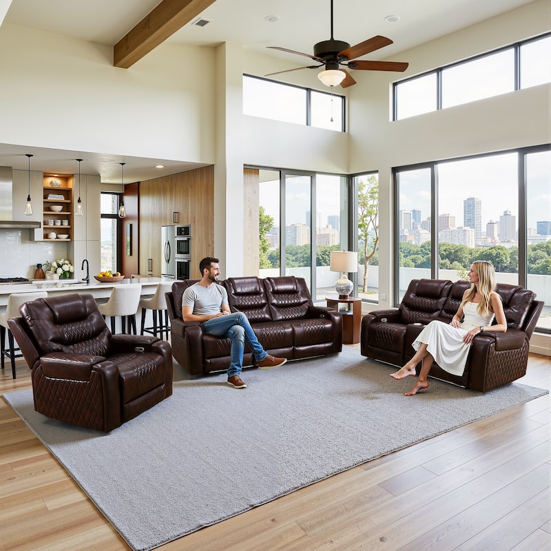 Dark Brown Breathing Leather 3-Piece Couch Recliner Sofa Set - Dark Brown