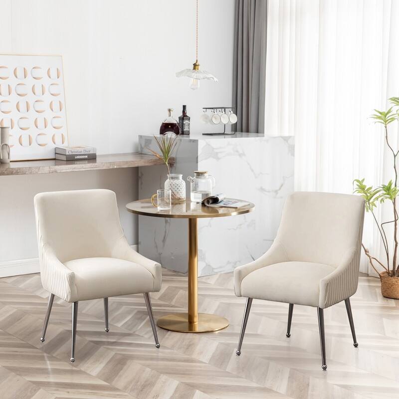 SEYNAR Modern Velvet Pleated Finish Back Dining Chair Set of 2 with Rear Handle