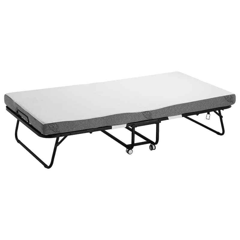 Rollaway Folding Bed with 4 Inch Foam White Mattress and Black Sturdy Steel Frame Perfect for Dorm or Guest