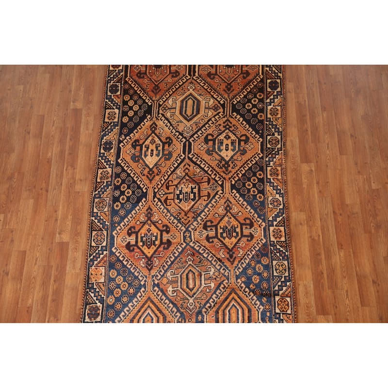 Tribal Qashqai Persian Vintage Rug Hand-Knotted Orange Wool Carpet - 4'2"x 8'4"