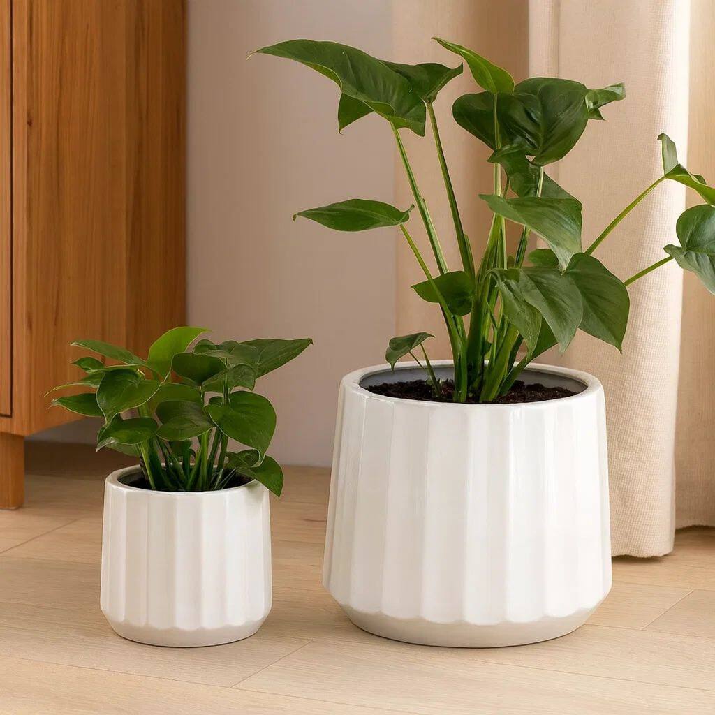 Fusie Planter Set of 2, Round, White Finish Ceramic, Vertical Faceted