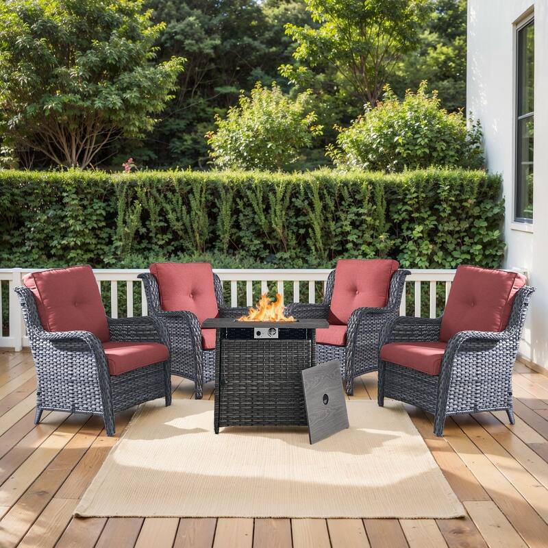 Outdoor Fire Pit Table with 2 Patio Chairs Grey-Red - Grey - Grey - Red