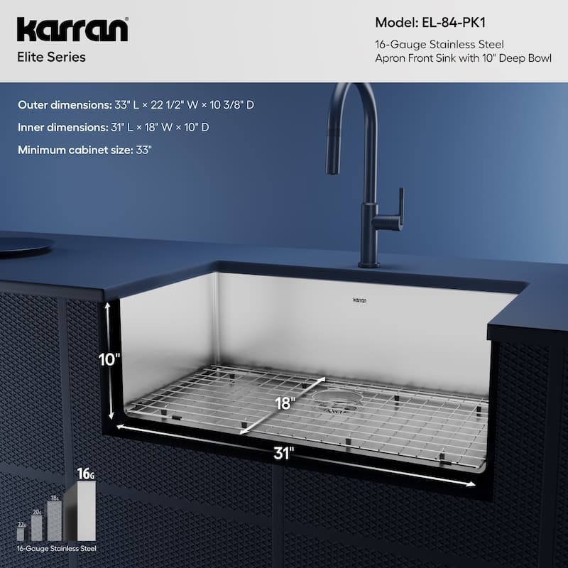 Karran Farmhouse/Apron Stainless Steel 33 in. Single Bowl Sink Kit