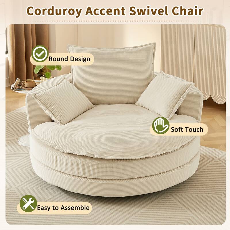Roomfitters Swivel Barrel Chair with Dual-Layer Cushion and 3 Pillows, Comfy Accent Chair for Home or Office
