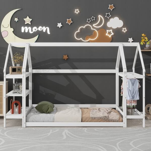 slide 2 of 12, White Twin Size House-Shaped Floor Bed w/ 2 Detachable Stands Storage Bed White