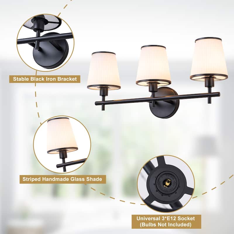 3-Light Matte Black Metal Wall Sconce Ribbed Fabric Shade Traditional