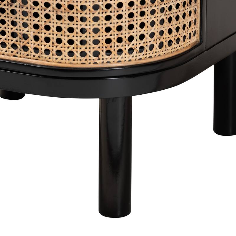 Nabila Modern Bohemian Black Bayur Wood and Natural Rattan 3-Drawer End Table Nightstand