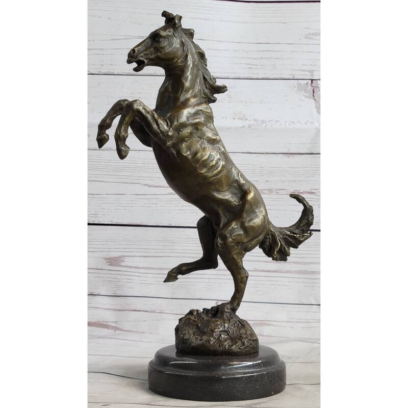 Signed Barye Excited Rearing Horse Bronze Marble Sculpture Racing Marble Figure