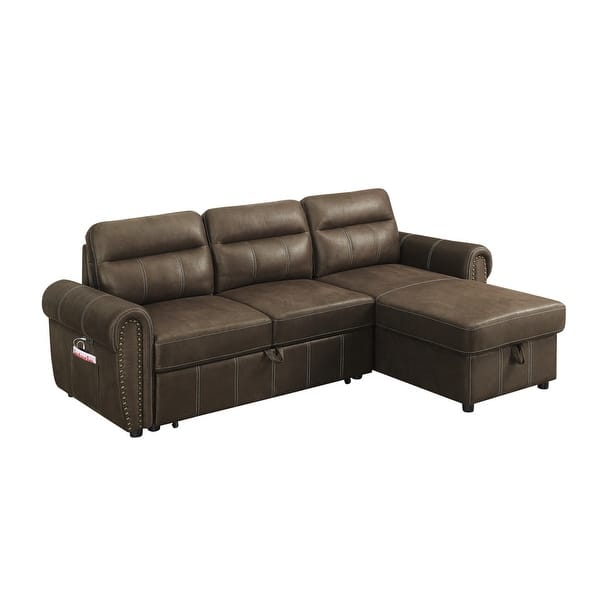 Hugo Brown Reversible Sleeper Sectional Sofa Chaise With Usb Charger Sale