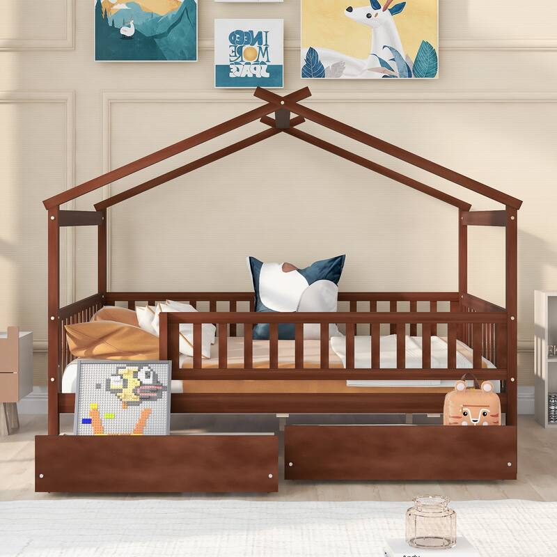 Full Size Wooden House Bed with Two Drawers and Solid Pine Frame