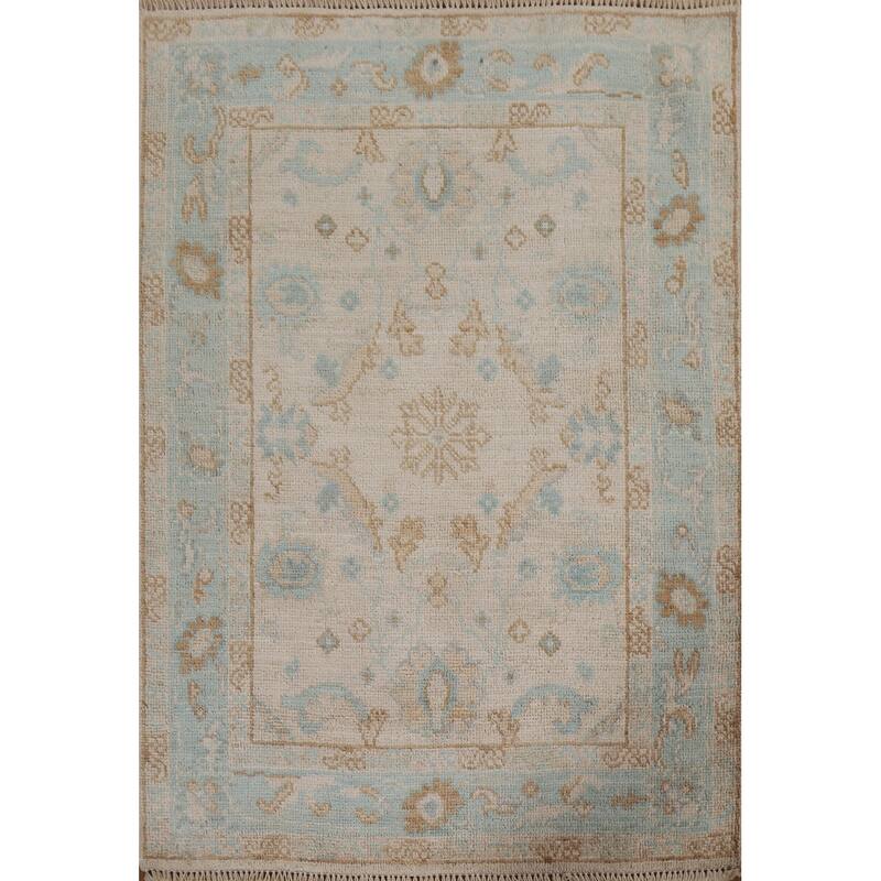 Hand Knotted Oriental 100% Wool Carpet Transitional Geometric Beige & Ivories Oushak Area Rug - 3' 11'' X 2' 11''
