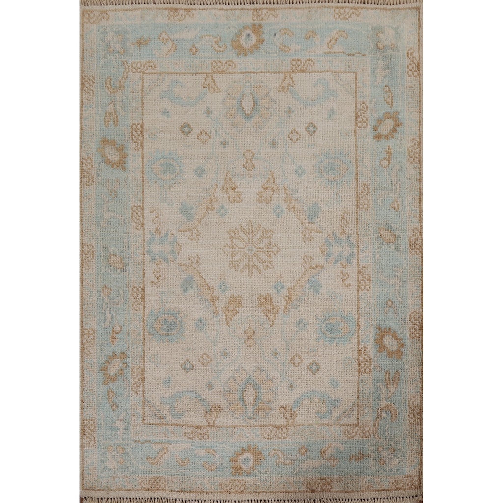 Hand Knotted Oriental 100% Wool Carpet Transitional Geometric Beige & Ivories Oushak Area Rug - 3' 11'' X 2' 11''