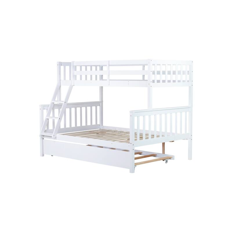 Roomfitters Twin Over Full Rubber Wood Bunk Bed with Trundle, Detachable Convertible Bunk Bed with Ladder and Guardrails