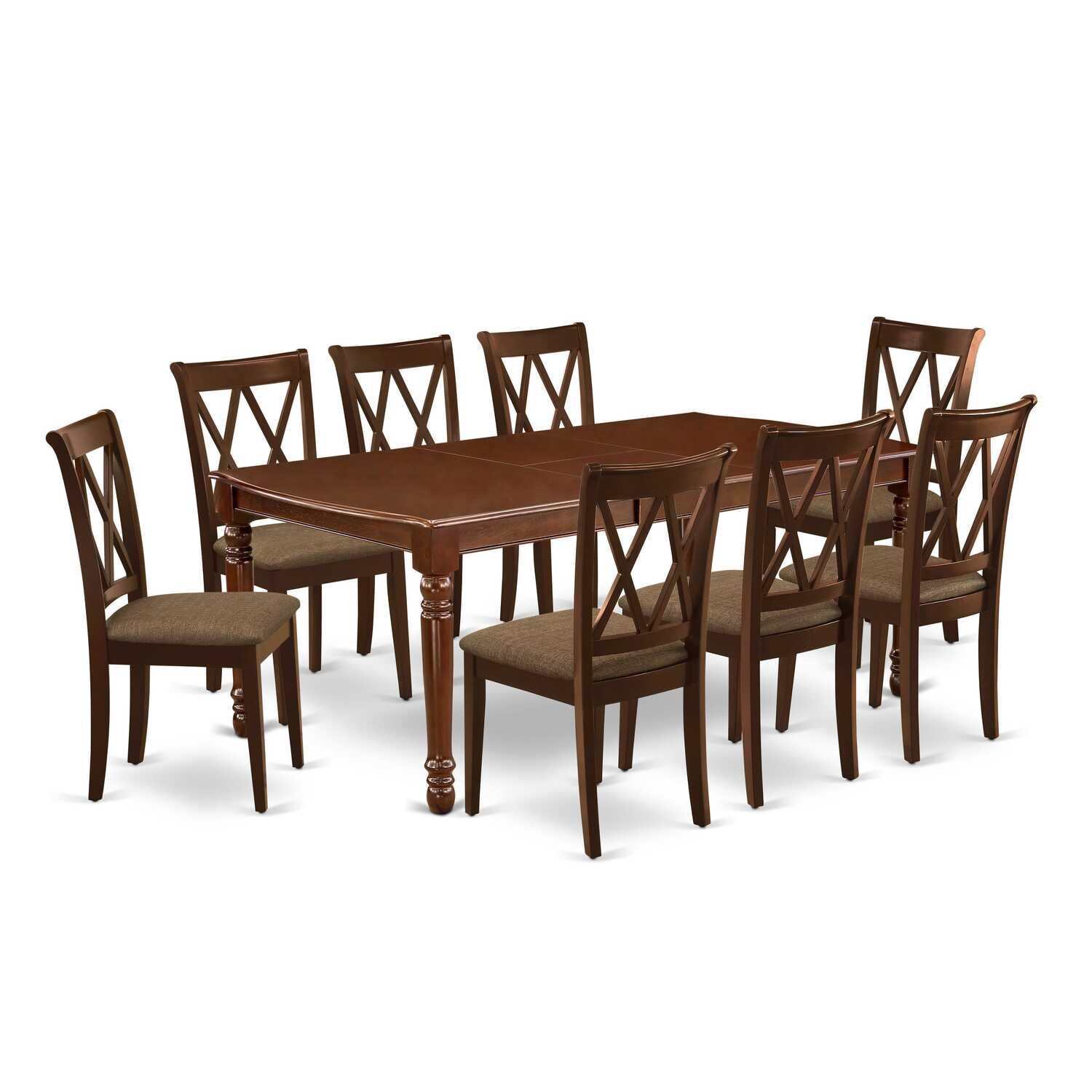 9Pc Dining Set - Rectangle Table with Butterfly Leaf & 8 Linen Seat Chairs - Mahogany Finish - 78