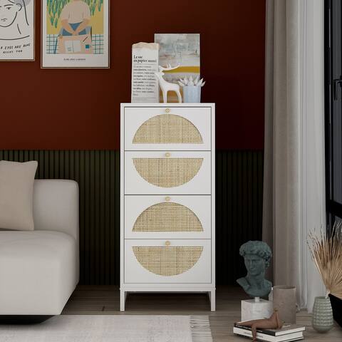 4-Drawer Wood Rattan Chest in White