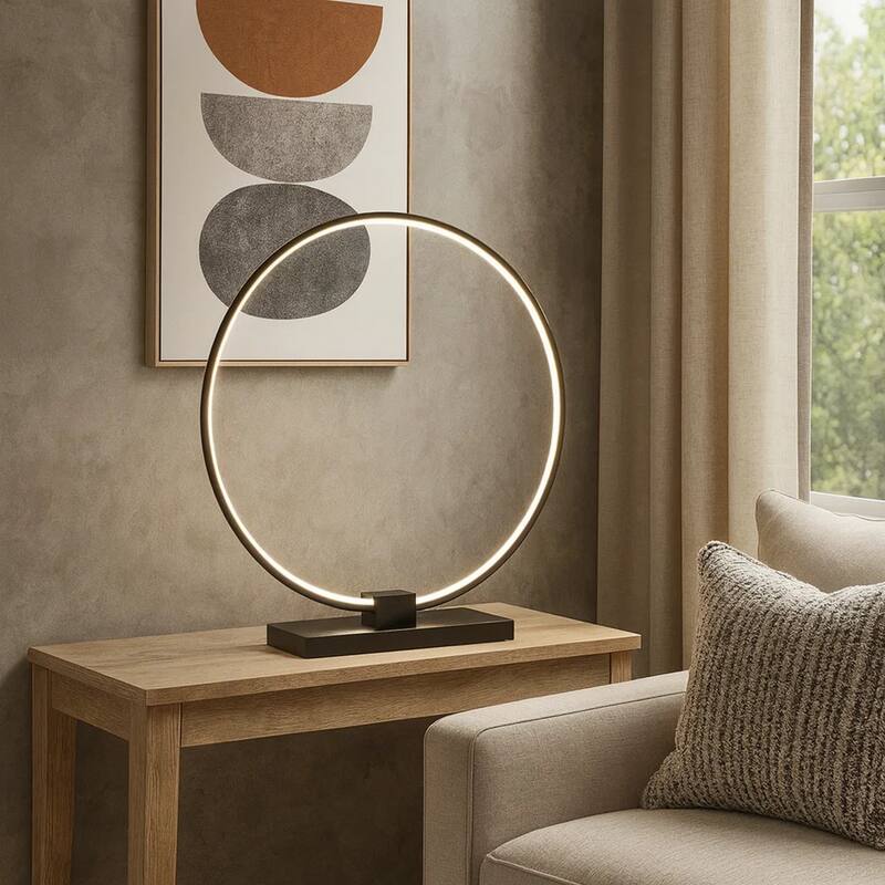 Sine 21 Inch Table Lamp, Modern Circle Ring LED, Sleek Black Metal Base
