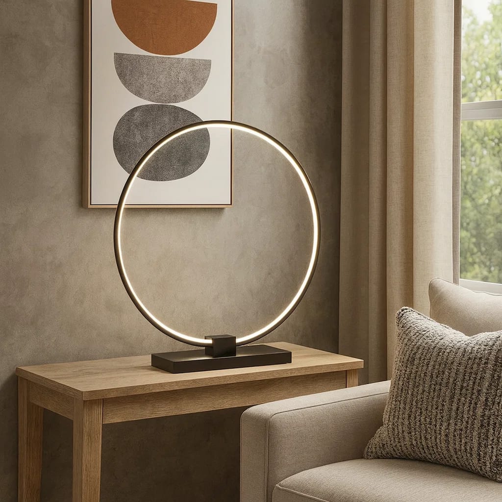 Sine 21 Inch Table Lamp, Modern Circle Ring LED, Sleek Black Metal Base