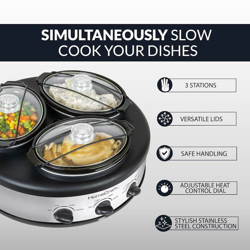 HomeCraft Triple Round Oval 1.5 Quart Stainless Steel Cooker Buffet