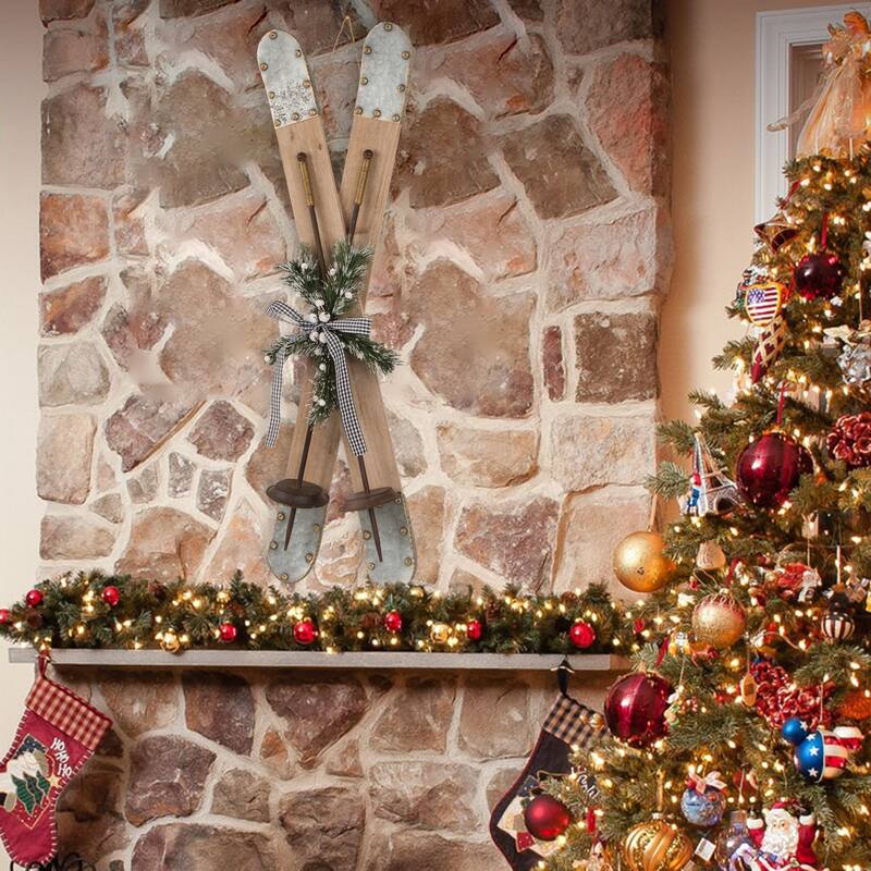 Glitzhome 35"H Christmas Wooden/Galvanized Ski Decor