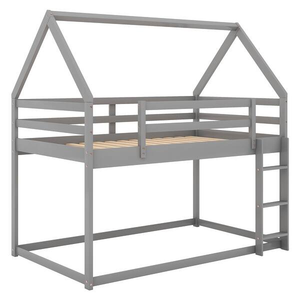 slide 2 of 9, Modern Wood Bunk Beds Twin Size, Twin over Twin House Bed with Built-in Ladder, Montessori Floor Bunk Bed Frame with Guardrail Gray - Twin