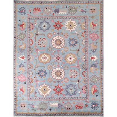 Light Blue Oushak Area Rug Hand-Knotted Oriental Wool Carpet - 8'3"x 9'10"
