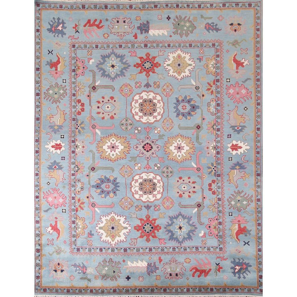 Light Blue Oushak Area Rug Hand-Knotted Oriental Wool Carpet - 8'3"x 9'10"