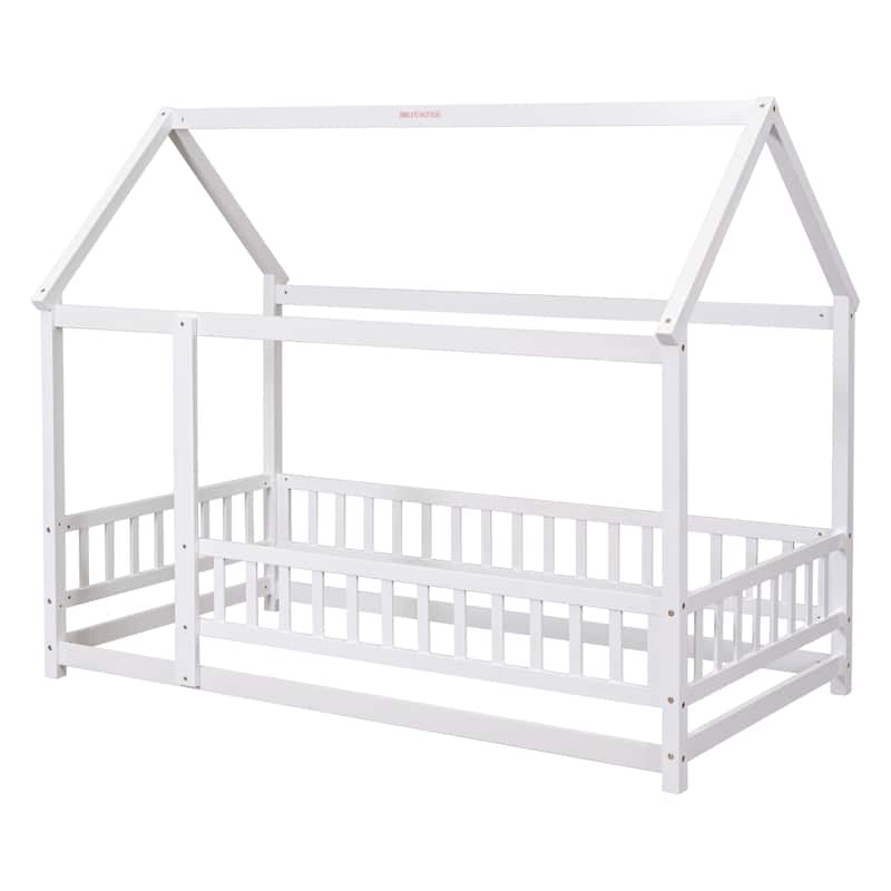 Floor Wooden Bed with House Roof Frame, Fence Guardrails