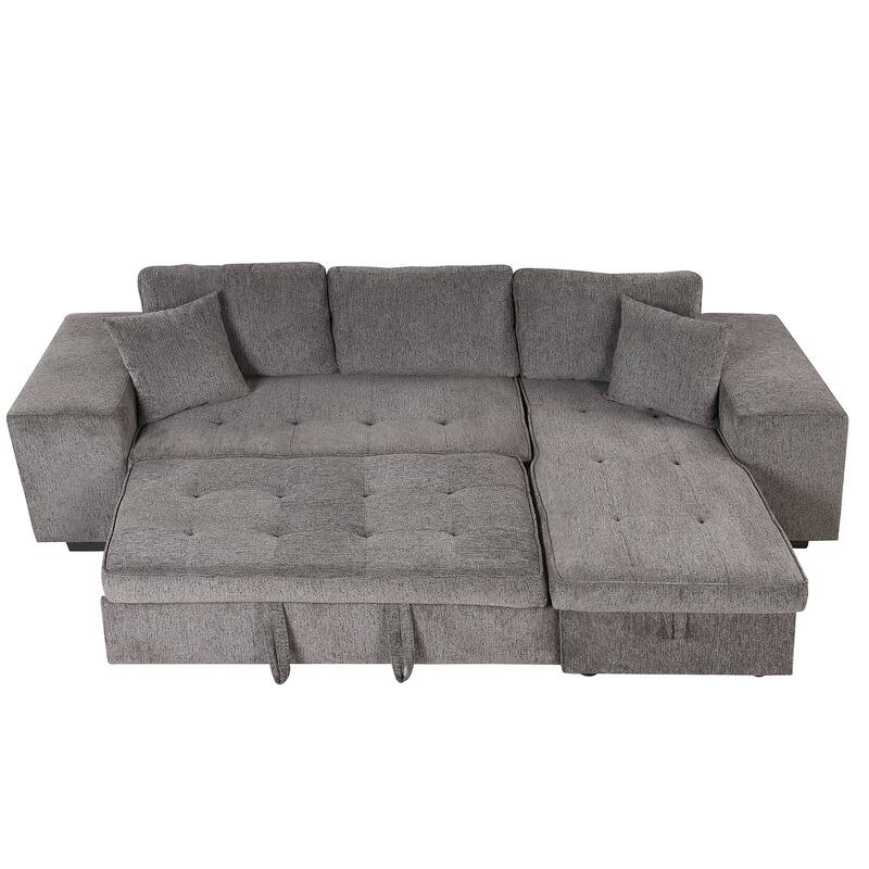 104" Modern L-Shape 3 Seat Reversible Sectional Couch, Pull Out Sleeper Sofa with Storage Chaise and 2 Stools