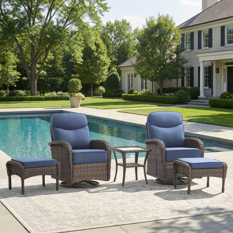 Pocassy Outdoor Wicker Patio Swivel Chair with Ottoman Sets - Brown Wicker Blue Cushion - 5-Piece Swivel Chair with Ottoman