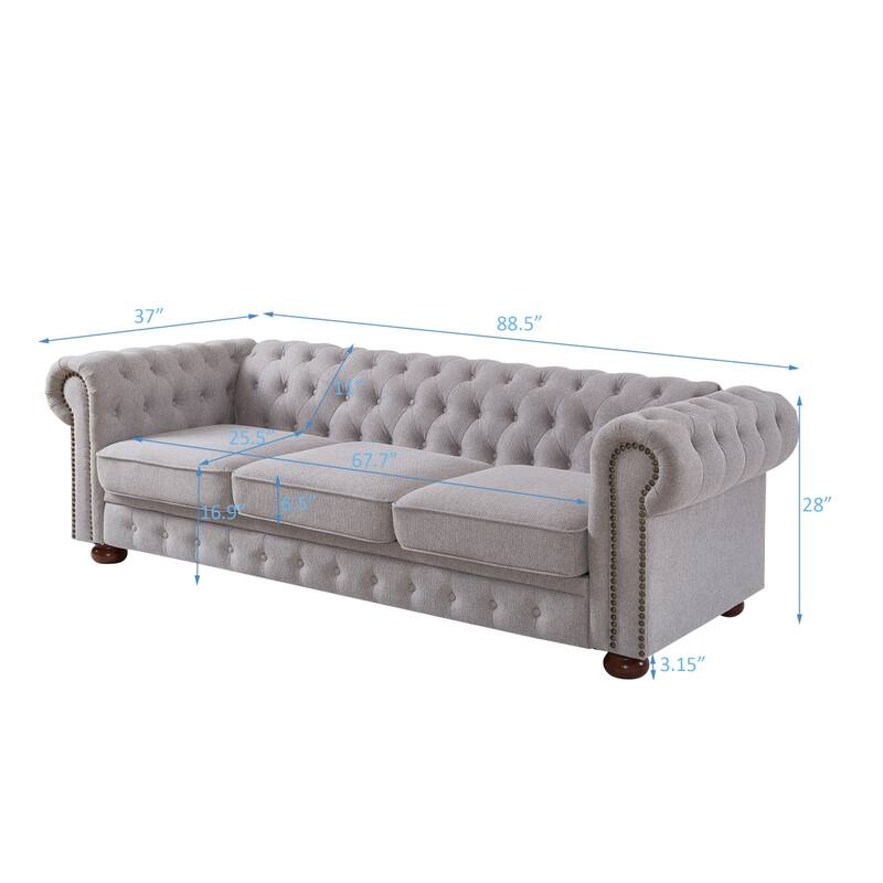Chesterfield Sofa, 88.5" Upholstered Sofa Couch with Low Back, Roll Arm Nailhead Trim Classic 3 Seater Sofa for Living Room Home